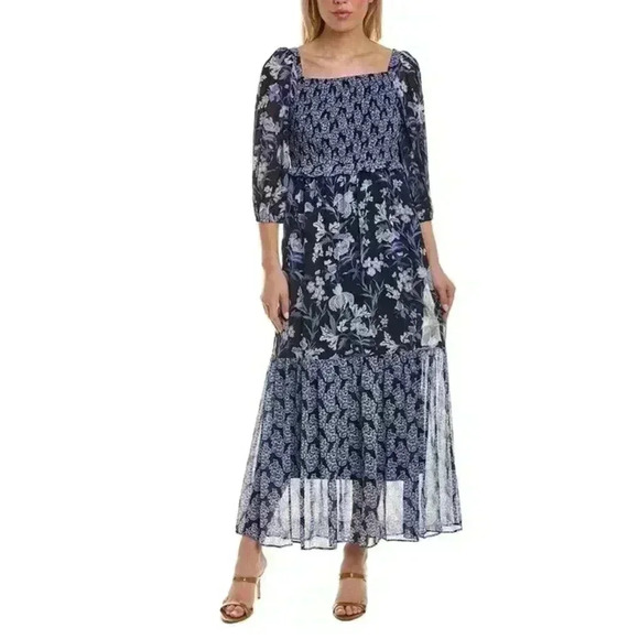 Women’s Taylor Blue White Smocked Midi Dress Size 2 - Picture 1 of 8